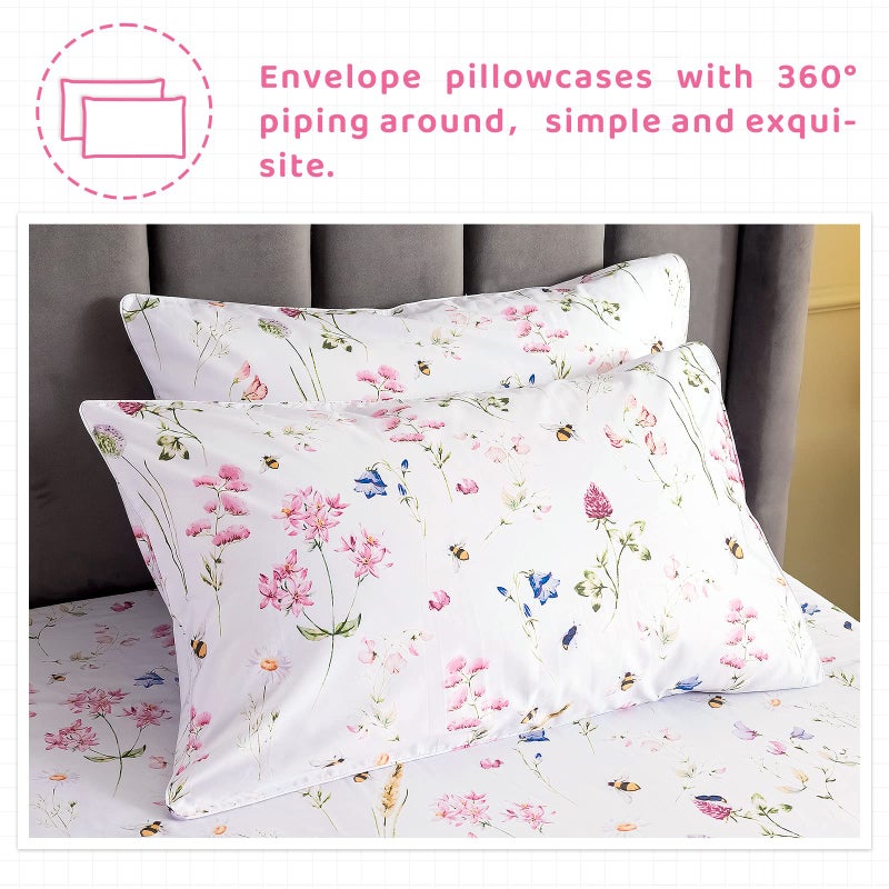 QSH Floral Bed Sheets Set Queen Size - Shabby Flower Bee Print Bed Sheet Set - Extra Soft and Breathable 100% Egyptian Cotton - 4 pcs Deep Pockets Flower Bed Sheets Queen Size Sets - Image 4